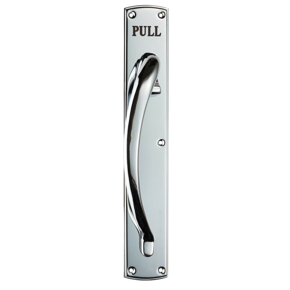 Curved Left Handed Door Pull Handle Engraved with 'Pull' Polished Chrome